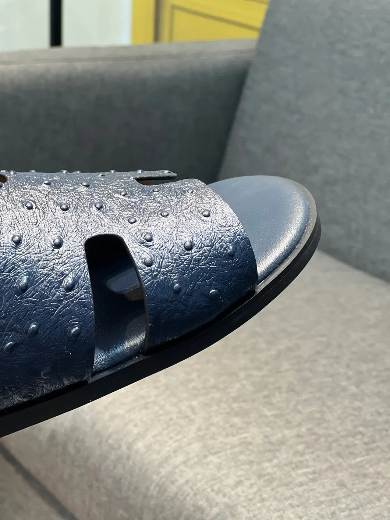 Hermès Oran Navy Ostrich-Embossed H-Strap Slippers 3