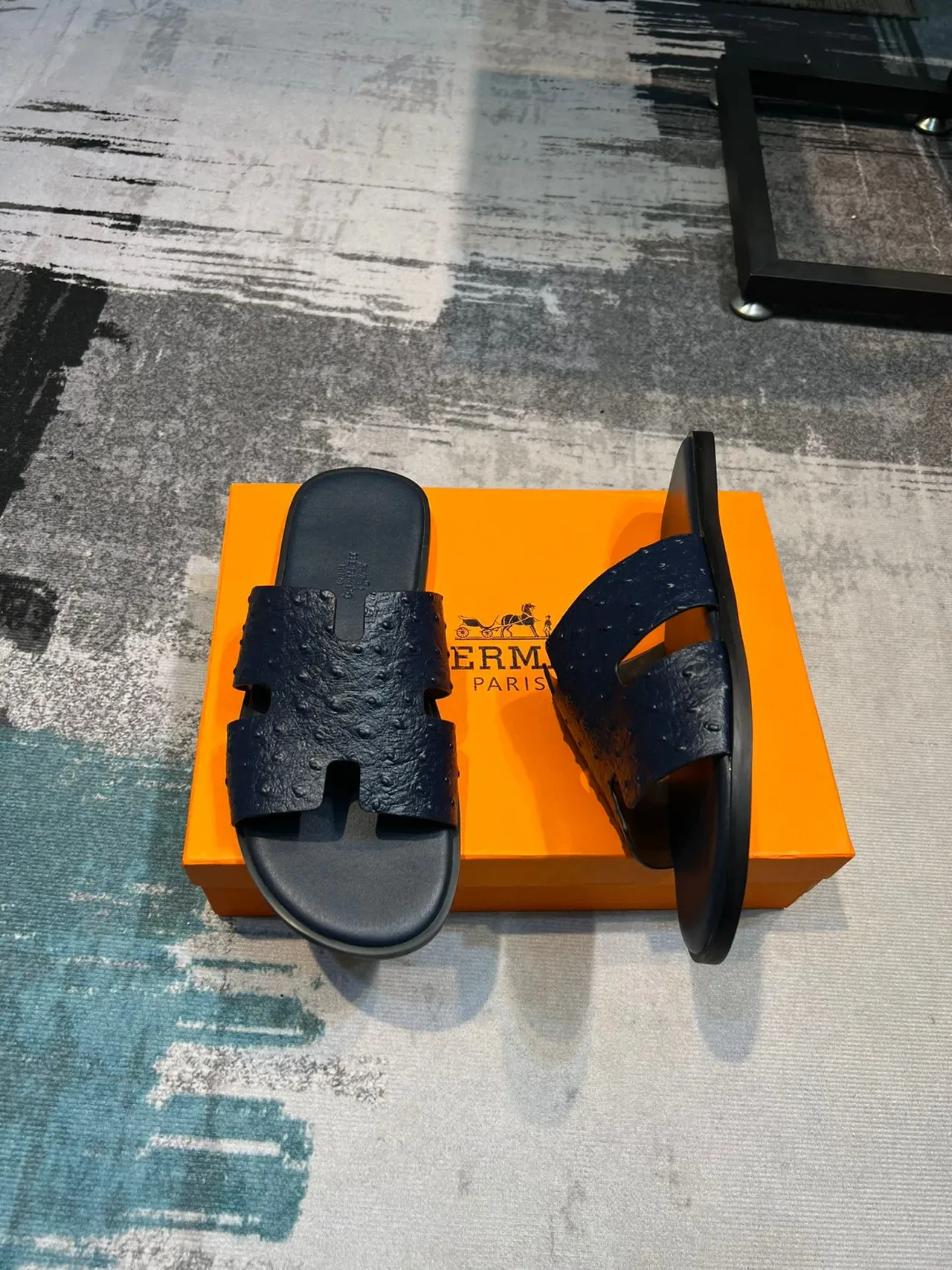 Hermès Oran Navy Ostrich-Embossed H-Strap Slippers 4