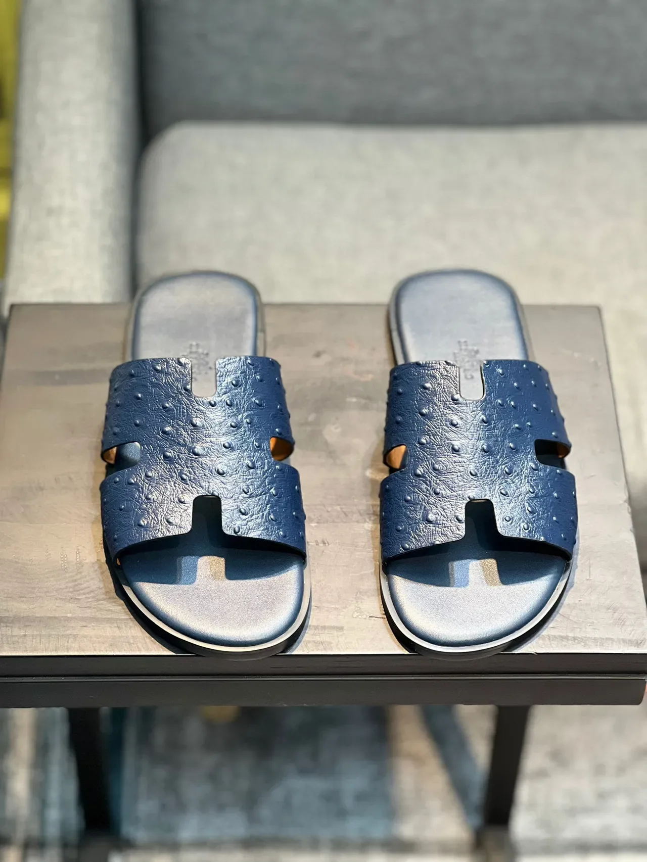Hermès Oran Navy Ostrich-Embossed H-Strap Slippers 5