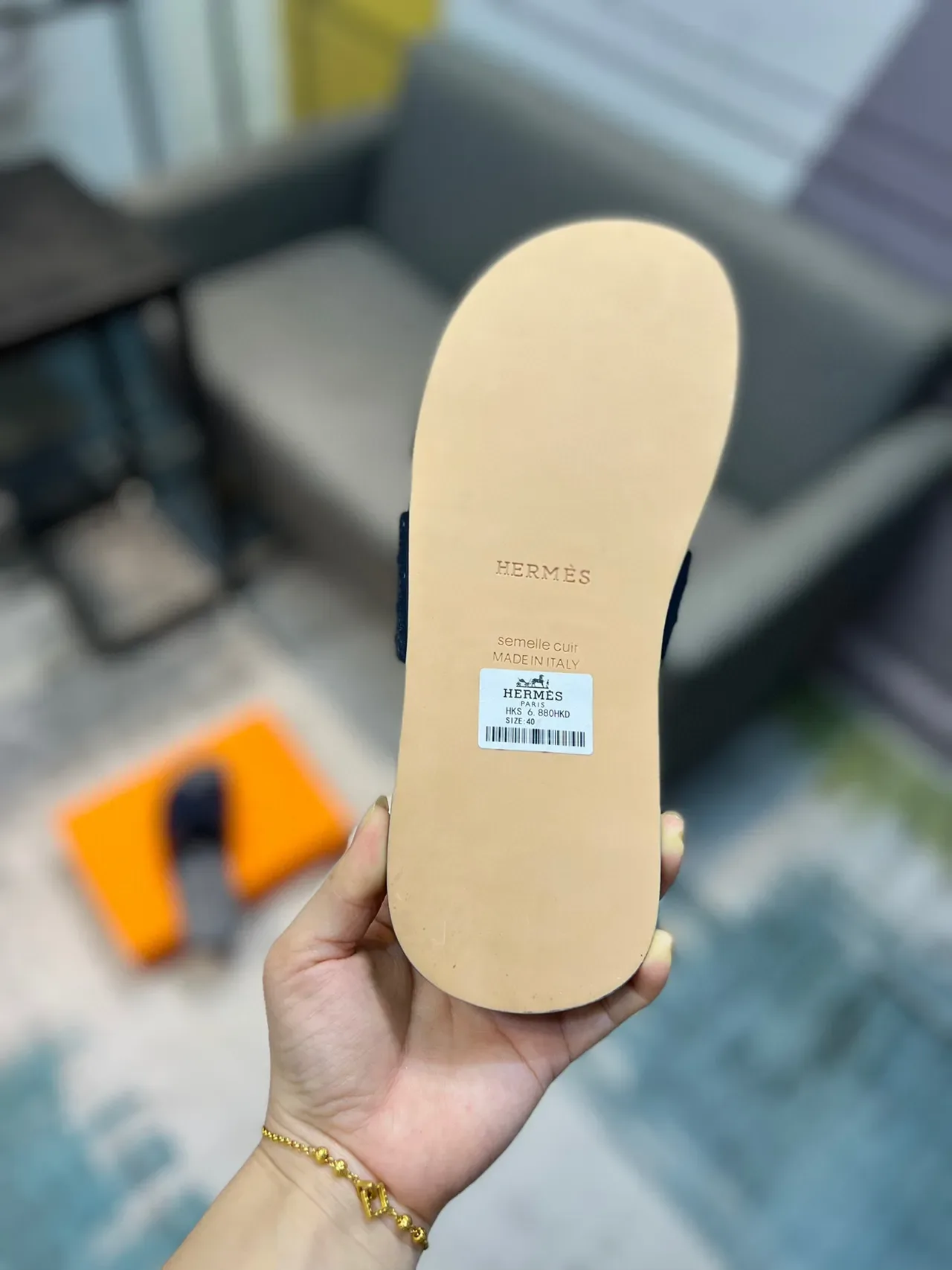 Hermès Oran Navy Ostrich-Embossed H-Strap Slippers 8