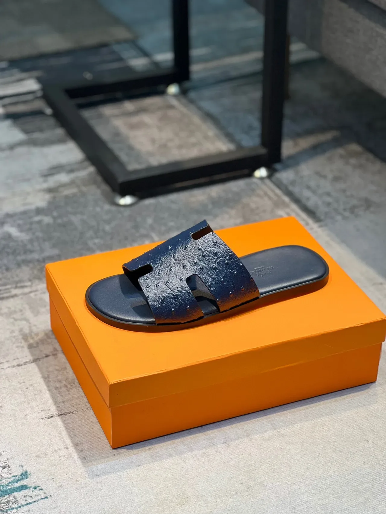 Hermès Oran Navy Ostrich-Embossed H-Strap Slippers 9