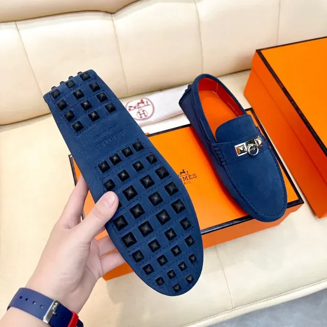 Hermès Oran Navy Suede Loafers 4