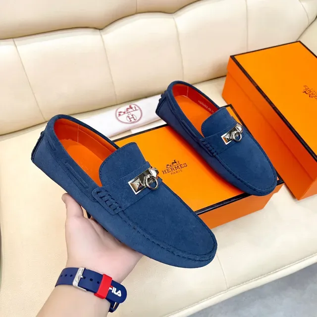 Hermès Oran Navy Suede Loafers 7