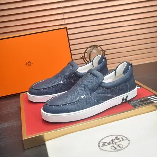 Hermès Oran Navy White Pebbled Leather Slip-On Loafer
