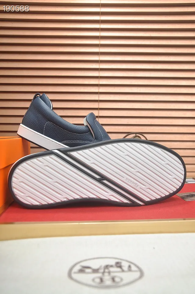 Hermès Oran Navy White Pebbled Leather Slip-On Loafer 2