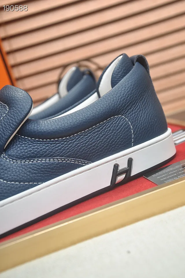 Hermès Oran Navy White Pebbled Leather Slip-On Loafer 3