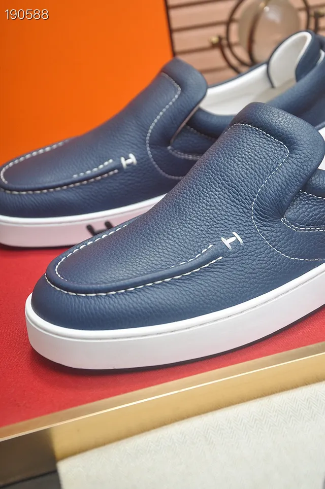 Hermès Oran Navy White Pebbled Leather Slip-On Loafer 4