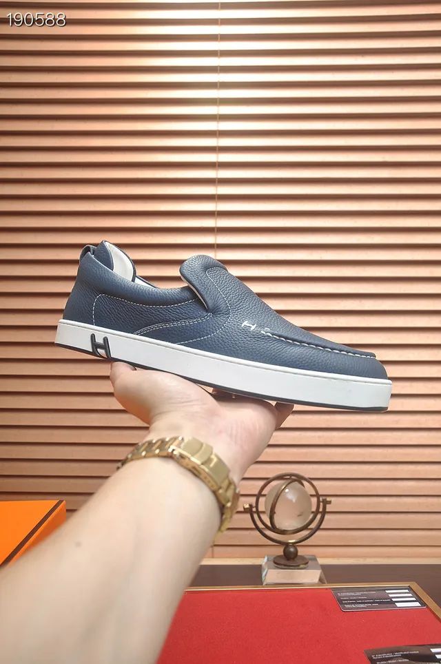 Hermès Oran Navy White Pebbled Leather Slip-On Loafer 6
