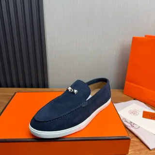 Hermès Oran Navy White Suede Rubber Sole Loafer