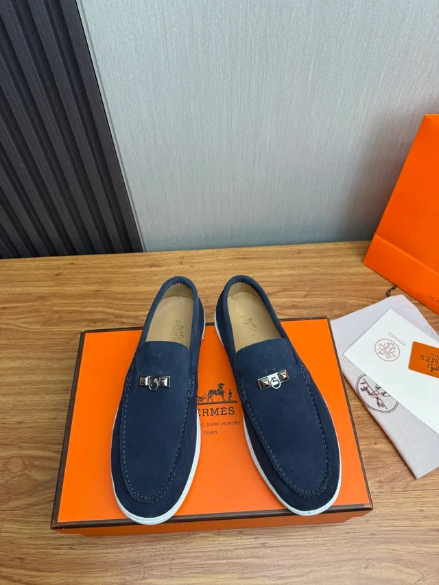 Hermès Oran Navy White Suede Rubber Sole Loafer 2