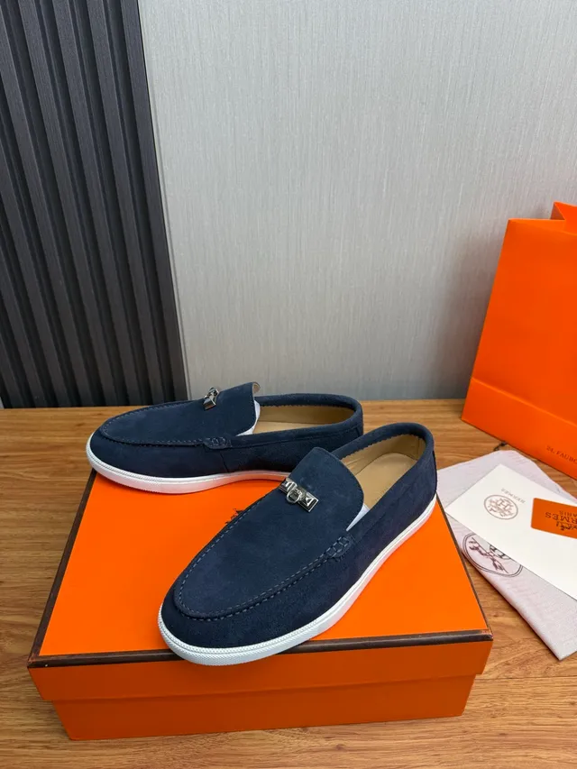 Hermès Oran Navy White Suede Rubber Sole Loafer 3