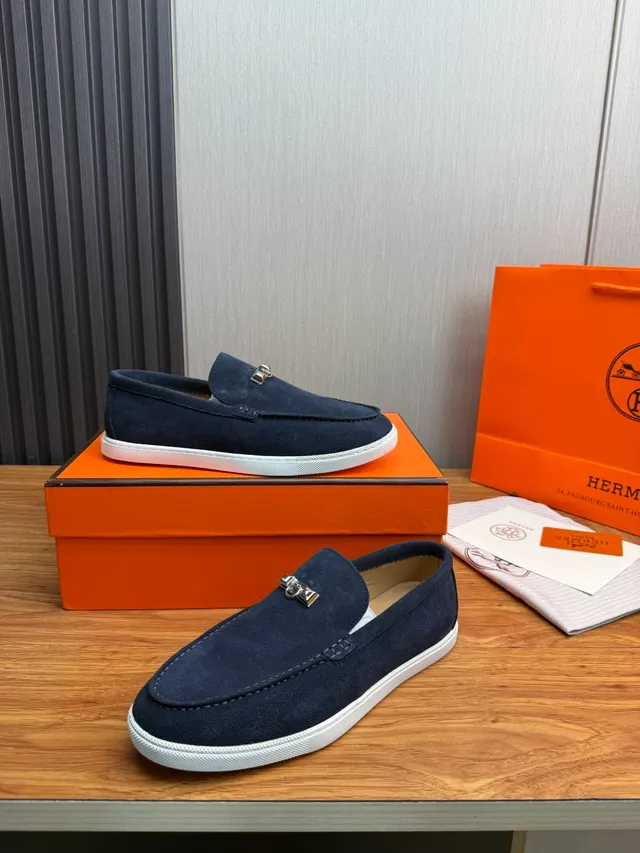 Hermès Oran Navy White Suede Rubber Sole Loafer 4