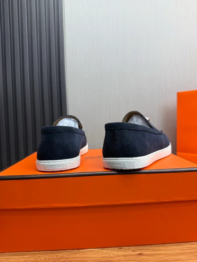 Hermès Oran Navy White Suede Rubber Sole Loafer 5