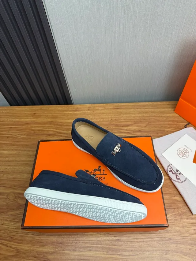 Hermès Oran Navy White Suede Rubber Sole Loafer 6