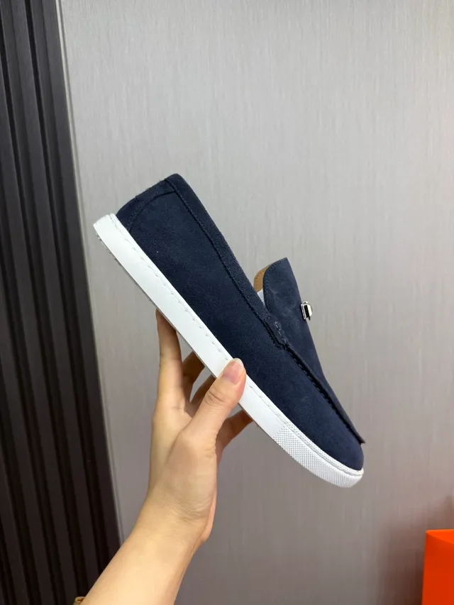 Hermès Oran Navy White Suede Rubber Sole Loafer 7