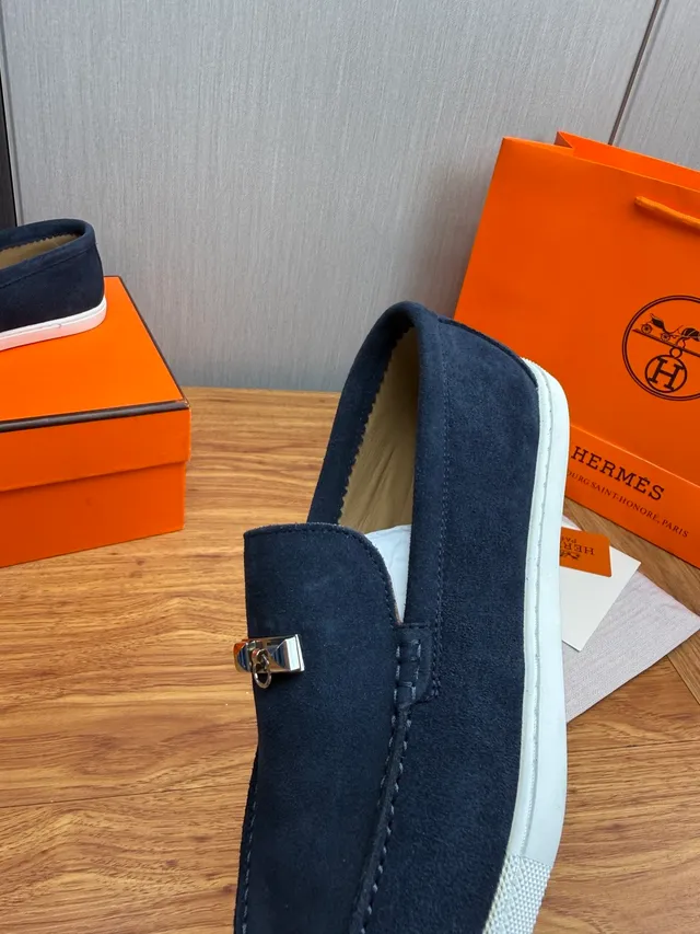 Hermès Oran Navy White Suede Rubber Sole Loafer 8