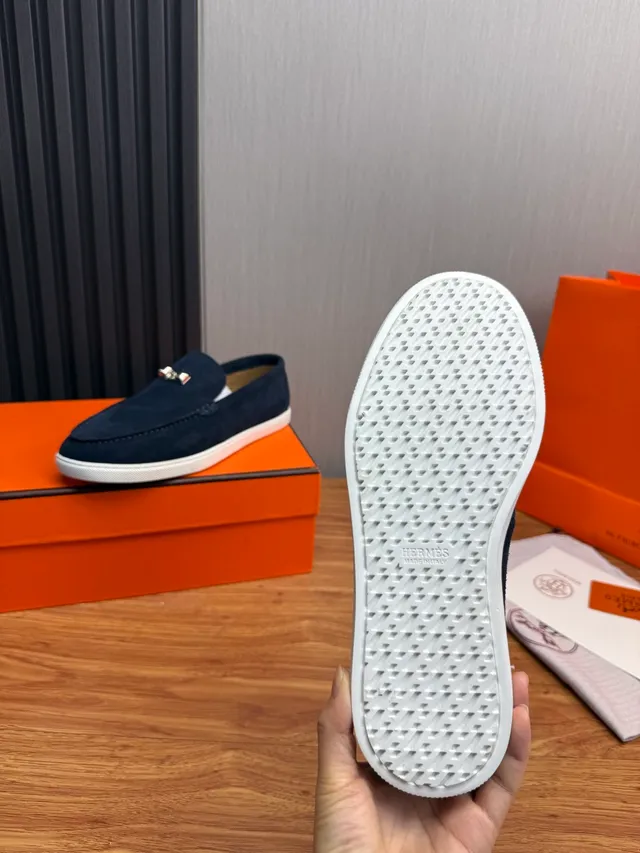 Hermès Oran Navy White Suede Rubber Sole Loafer 9