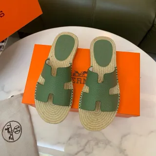 Hermès Oran Olive Green H-Strap Espadrille Slippers
