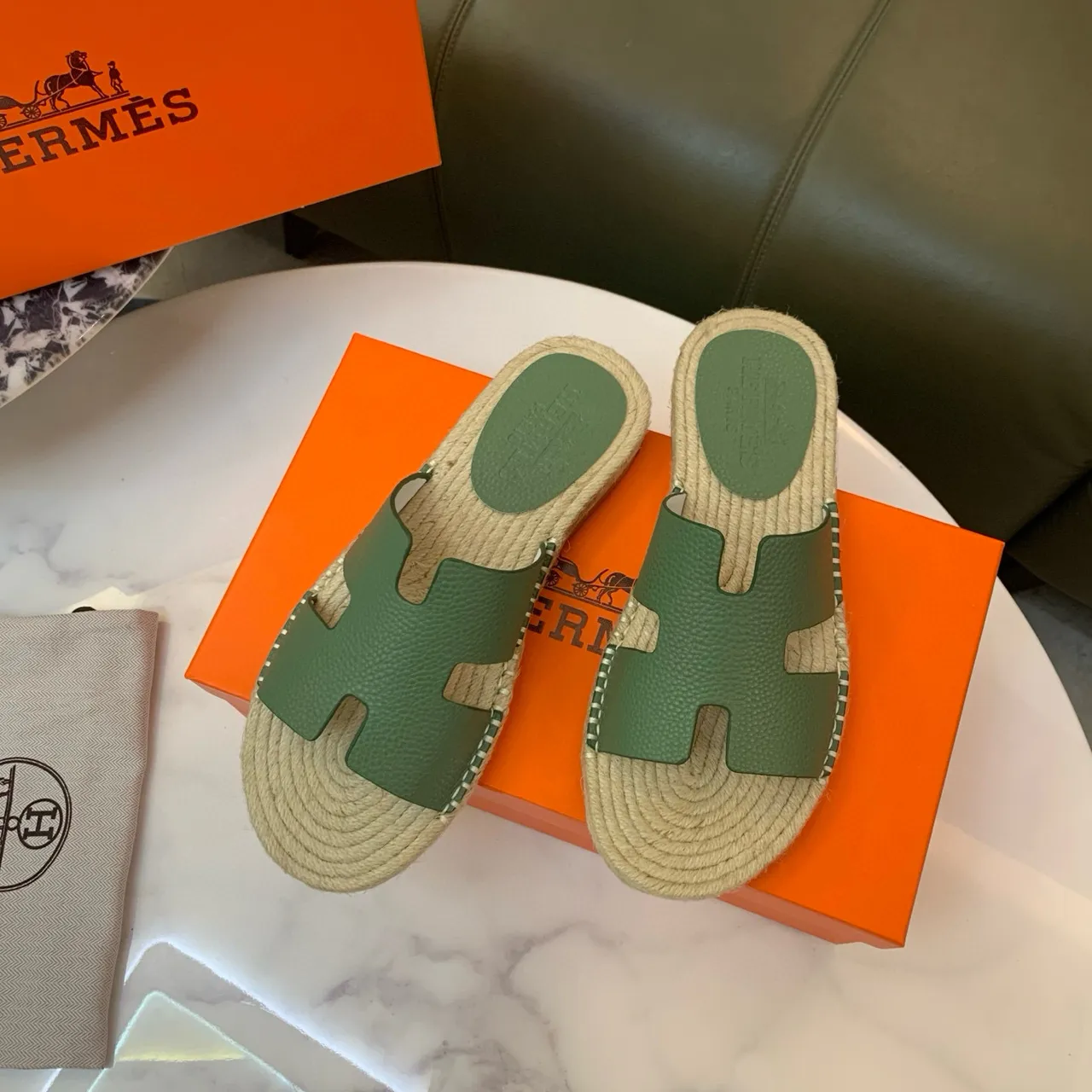 Hermès Oran Olive Green H-Strap Espadrille Slippers 2