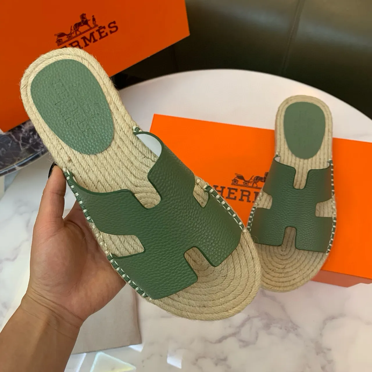 Hermès Oran Olive Green H-Strap Espadrille Slippers 3