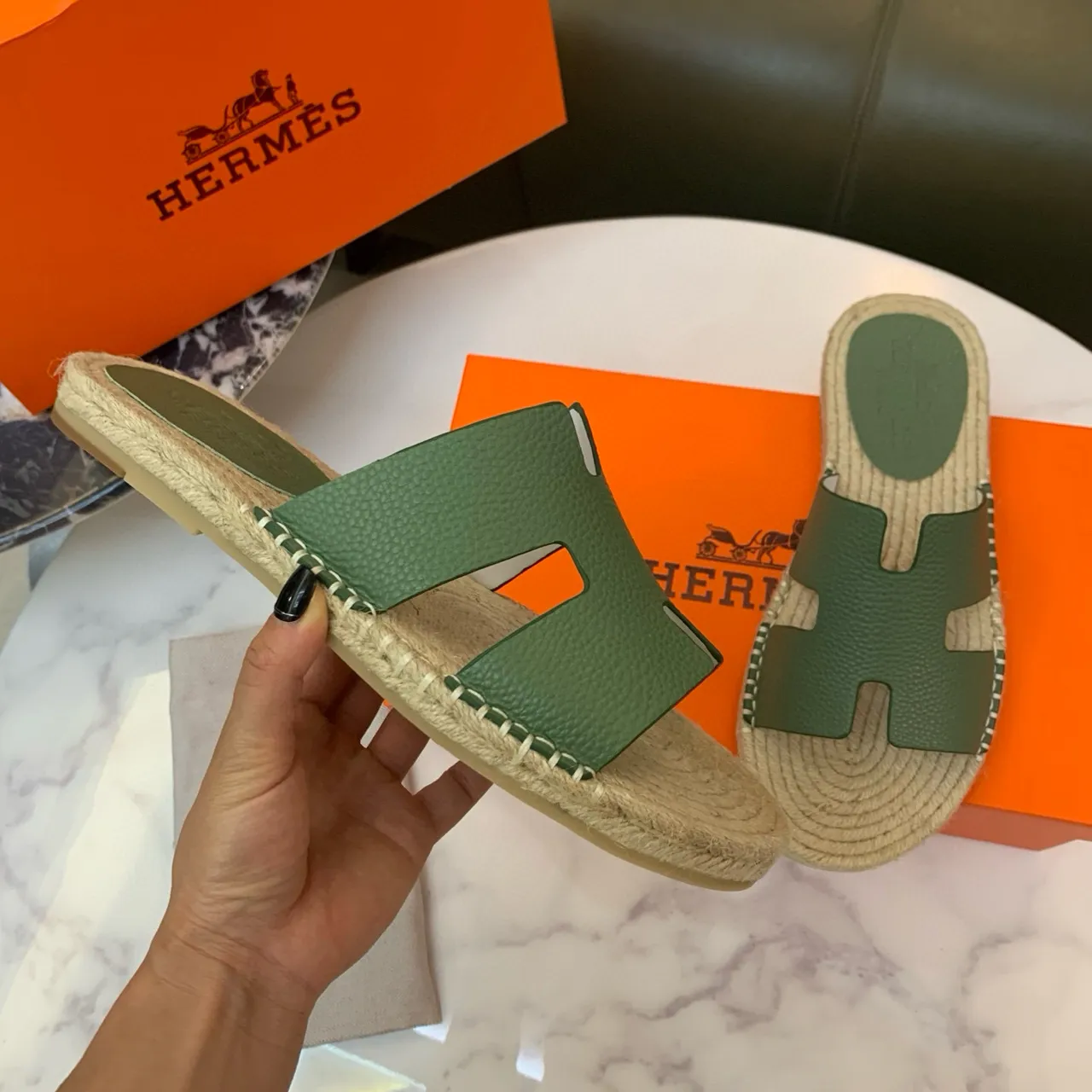 Hermès Oran Olive Green H-Strap Espadrille Slippers 4