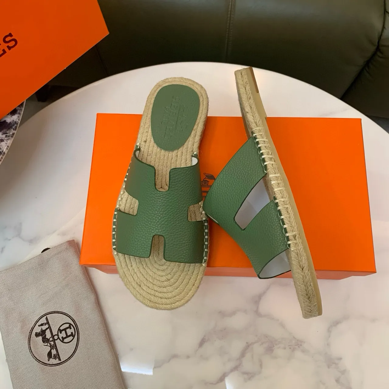 Hermès Oran Olive Green H-Strap Espadrille Slippers 5
