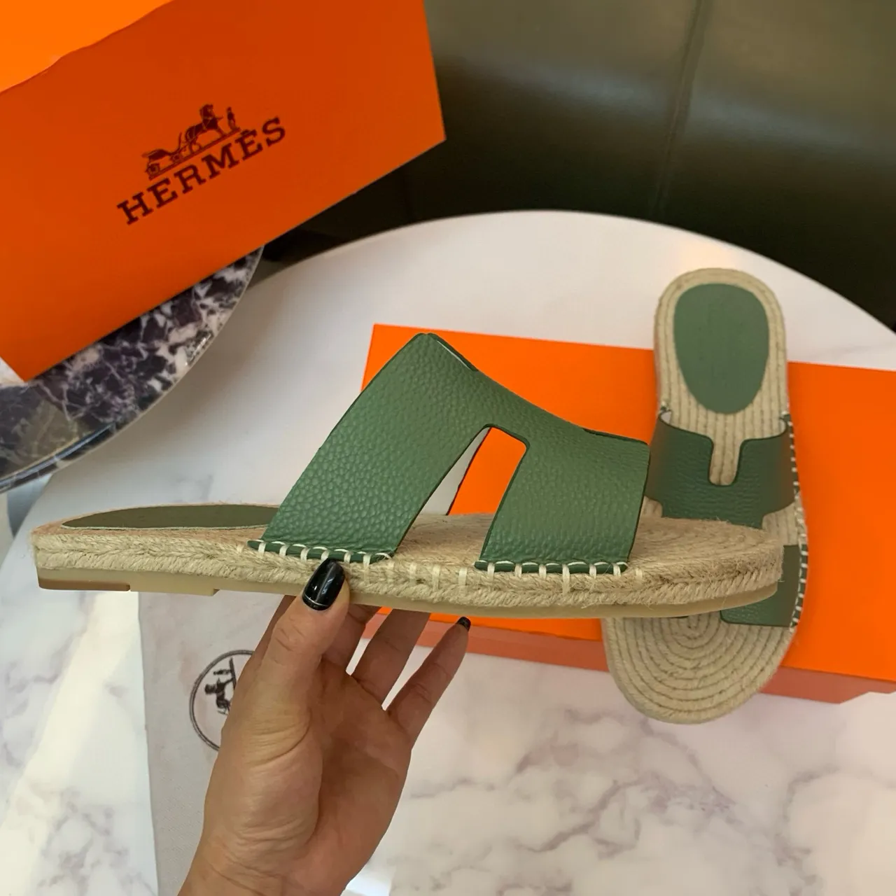 Hermès Oran Olive Green H-Strap Espadrille Slippers 6