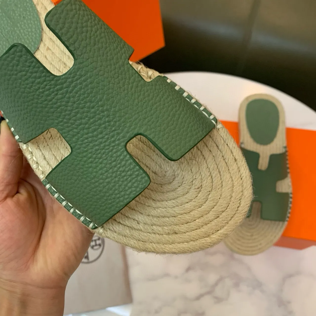 Hermès Oran Olive Green H-Strap Espadrille Slippers 7