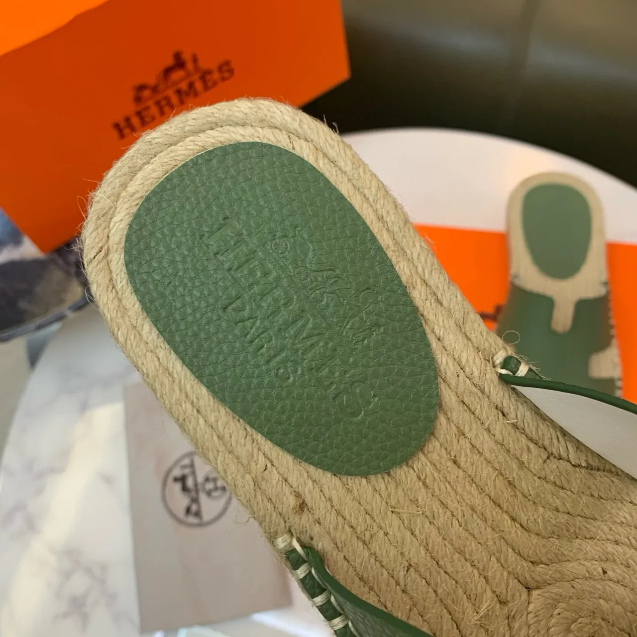 Hermès Oran Olive Green H-Strap Espadrille Slippers 8