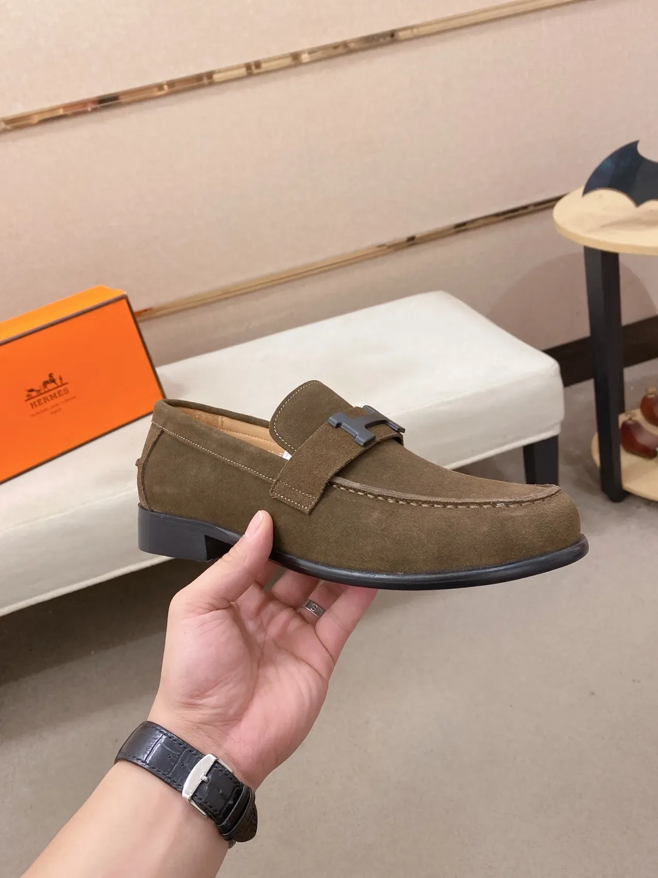 Hermès Oran Mocasín Ante Verde Oliva Hebilla H 4