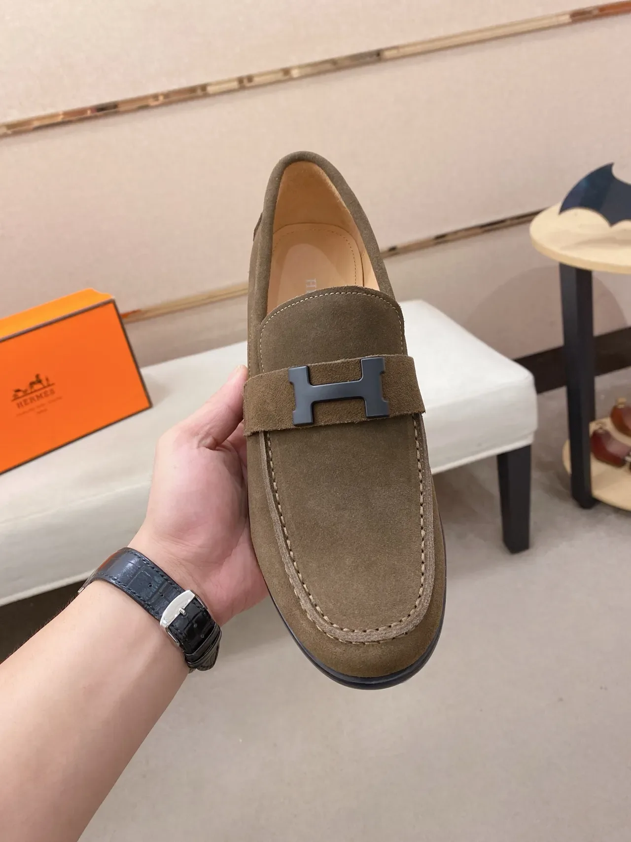 Hermès Oran Mocasín Ante Verde Oliva Hebilla H 5