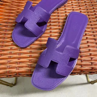 Hermès Oran Purple H-Strap Square-Toe Slippers