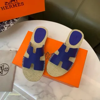 Hermès Oran Royal Blue Leather H-Strap Jute Sole Slippers