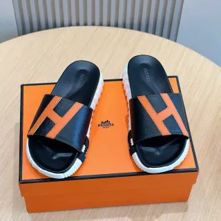 Hermès Oran Slide Black and Orange Leather Slippers