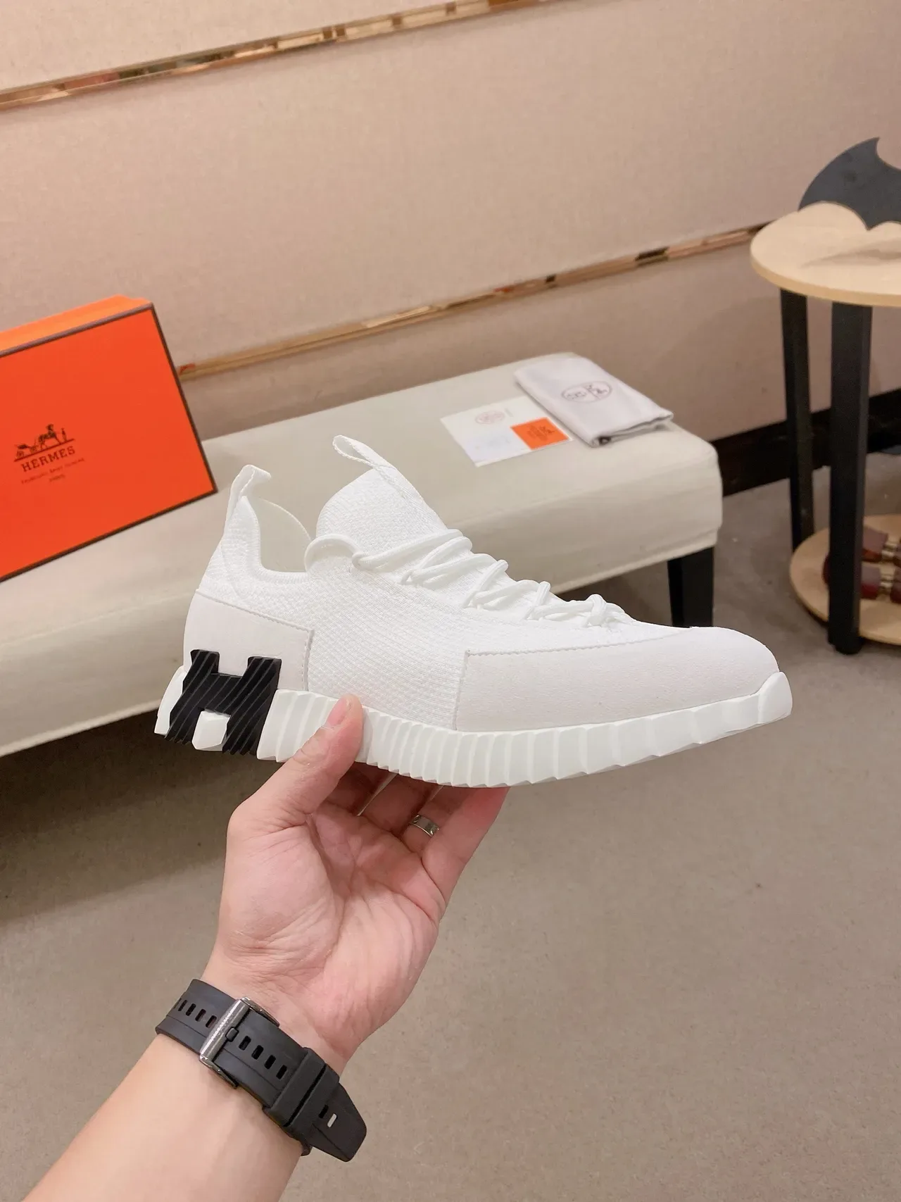Hermès Oran Sneaker White Black Knit Upper Sculpted Ridged Sole Lifestyle Sneakers 5