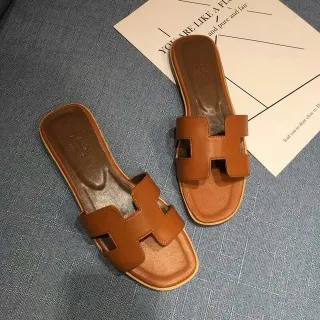 Hermès Oran Tan Leather H-Strap Slippers
