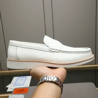 Hermès Oran White Beige Pebbled Leather Penny Strap Loafer