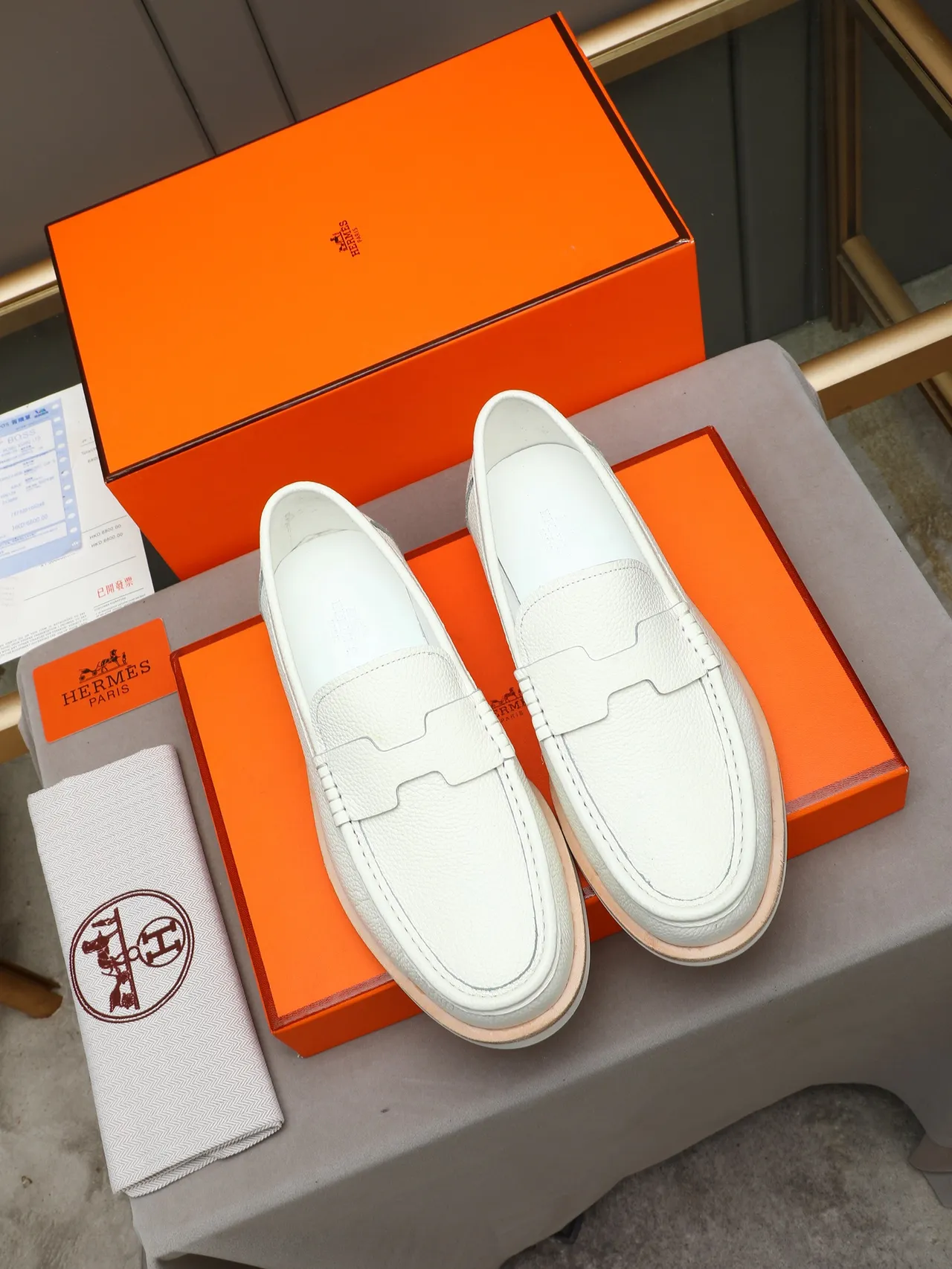 Hermès Oran White Beige Pebbled Leather Penny Strap Loafer 3