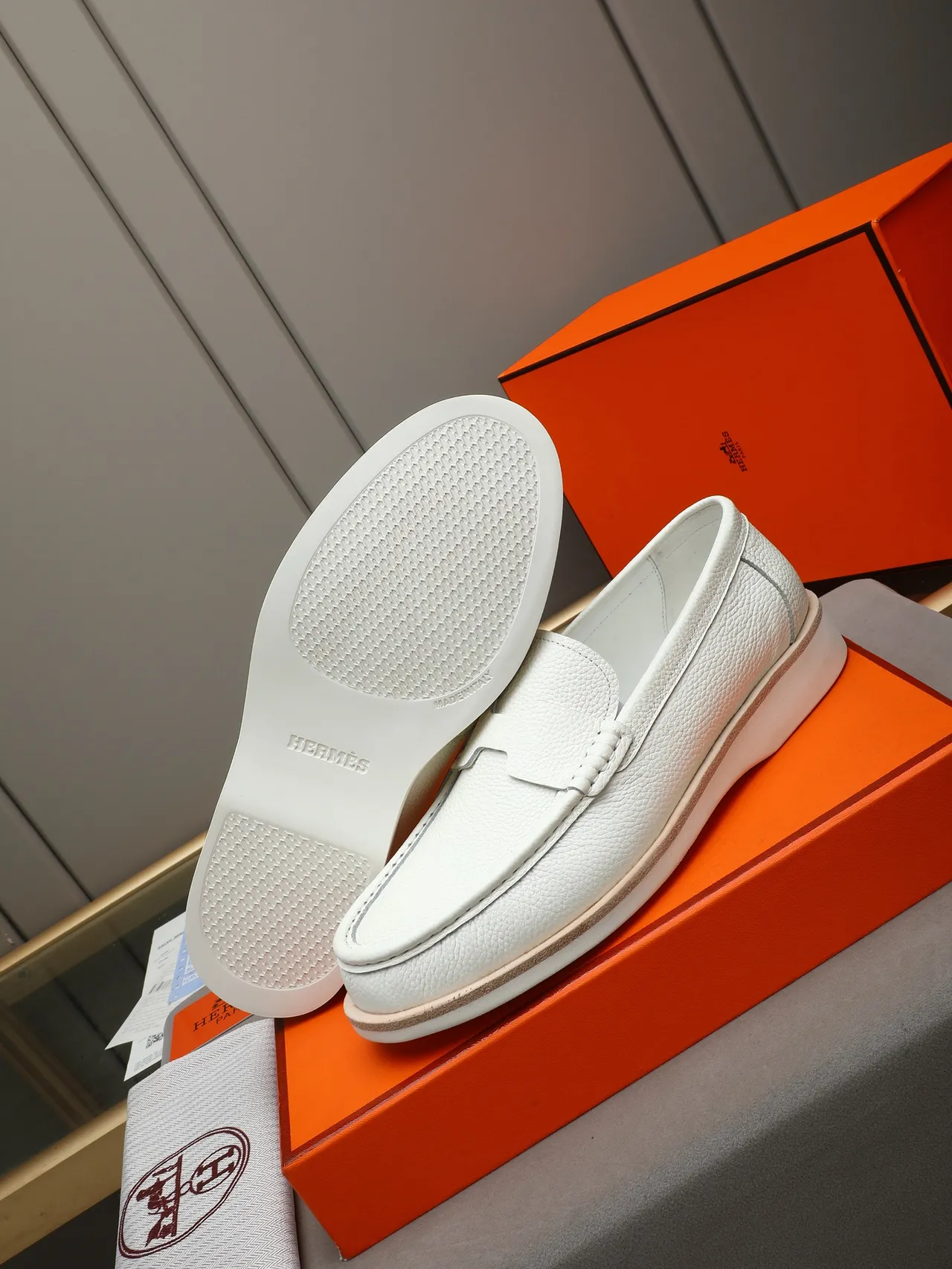 Hermès Oran White Beige Pebbled Leather Penny Strap Loafer 4