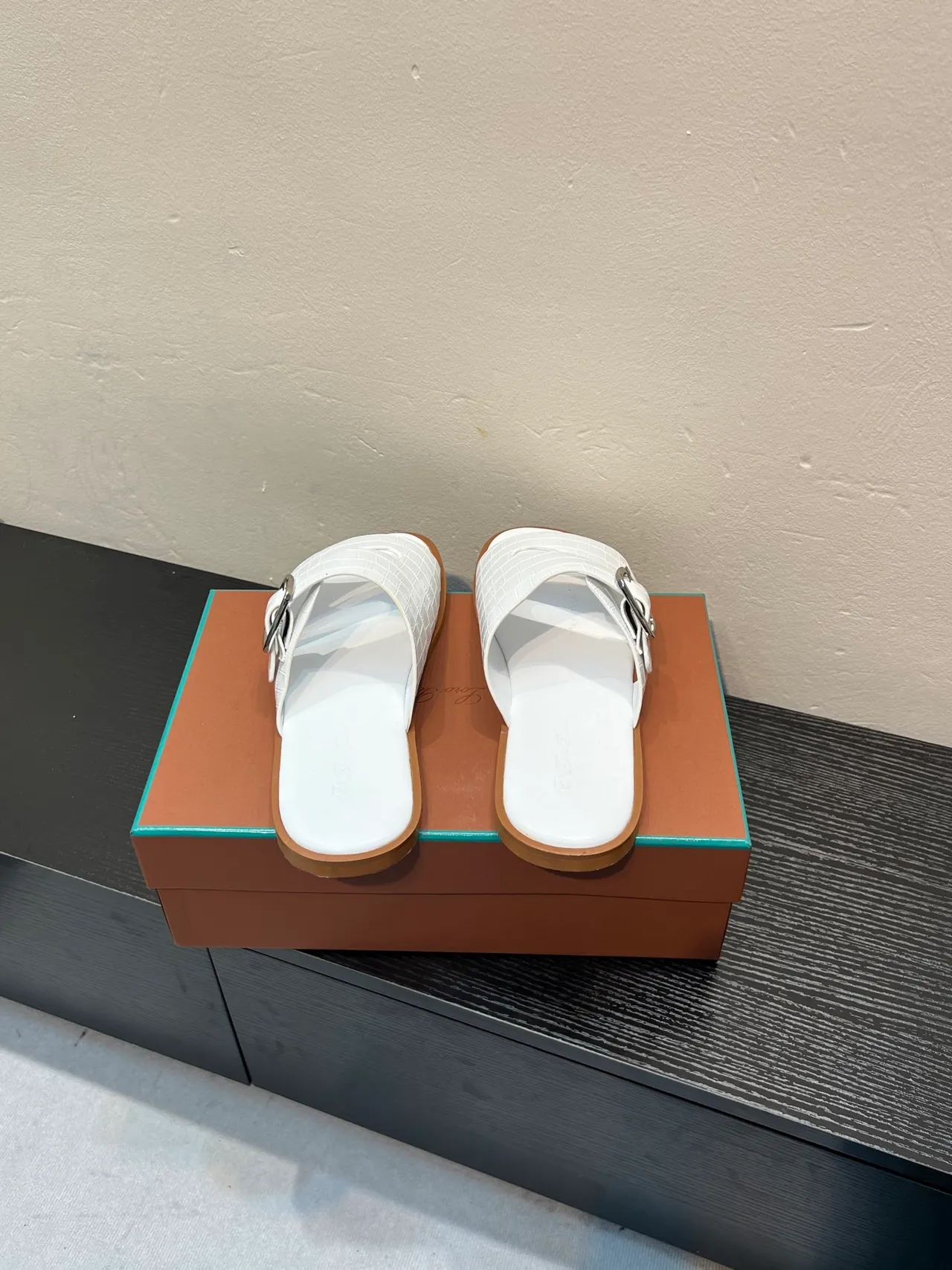 Hermès Oran White Croc-Embossed Leather Slippers 6