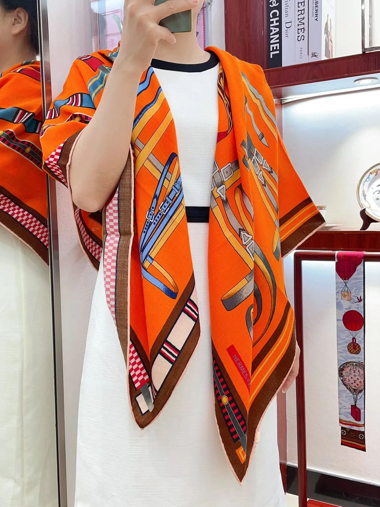 Hermès Printed Equestrian Motif Orange Silk Scarf 2
