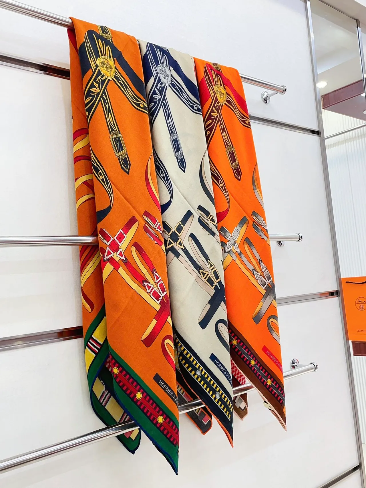 Hermès Printed Equestrian Motif Orange Silk Scarf 4