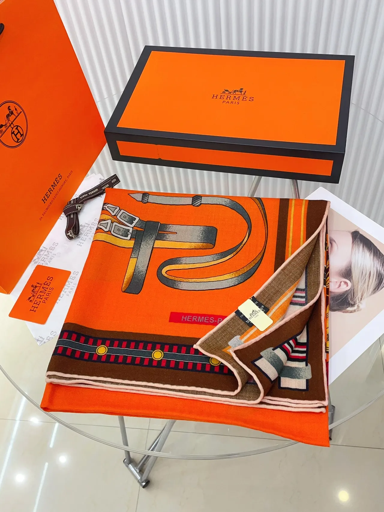 Hermès Printed Equestrian Motif Orange Silk Scarf 5