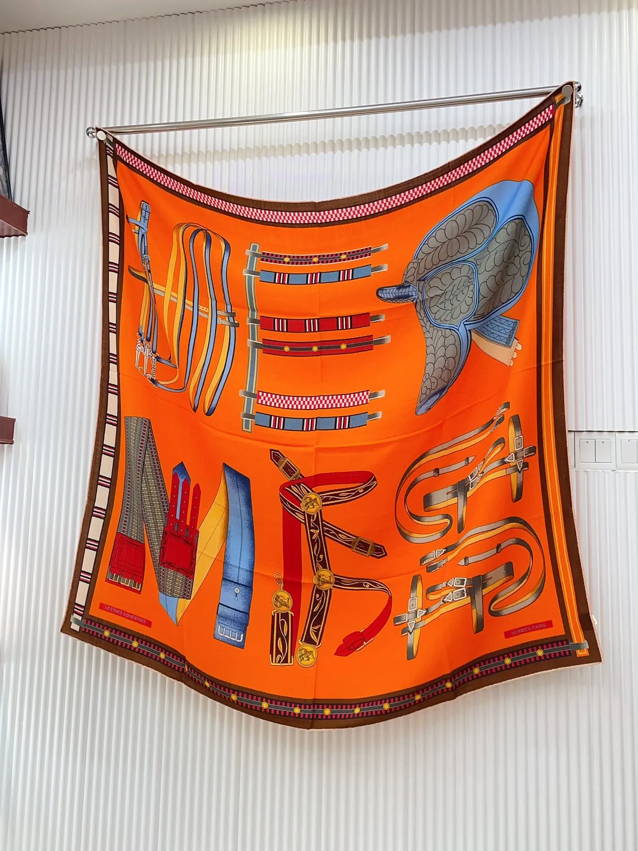 Hermès Printed Equestrian Motif Orange Silk Scarf 6