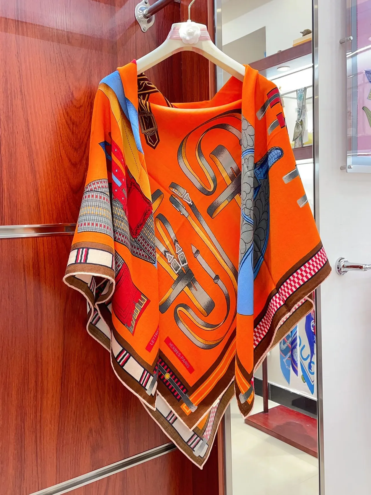 Hermès Printed Equestrian Motif Orange Silk Scarf 7