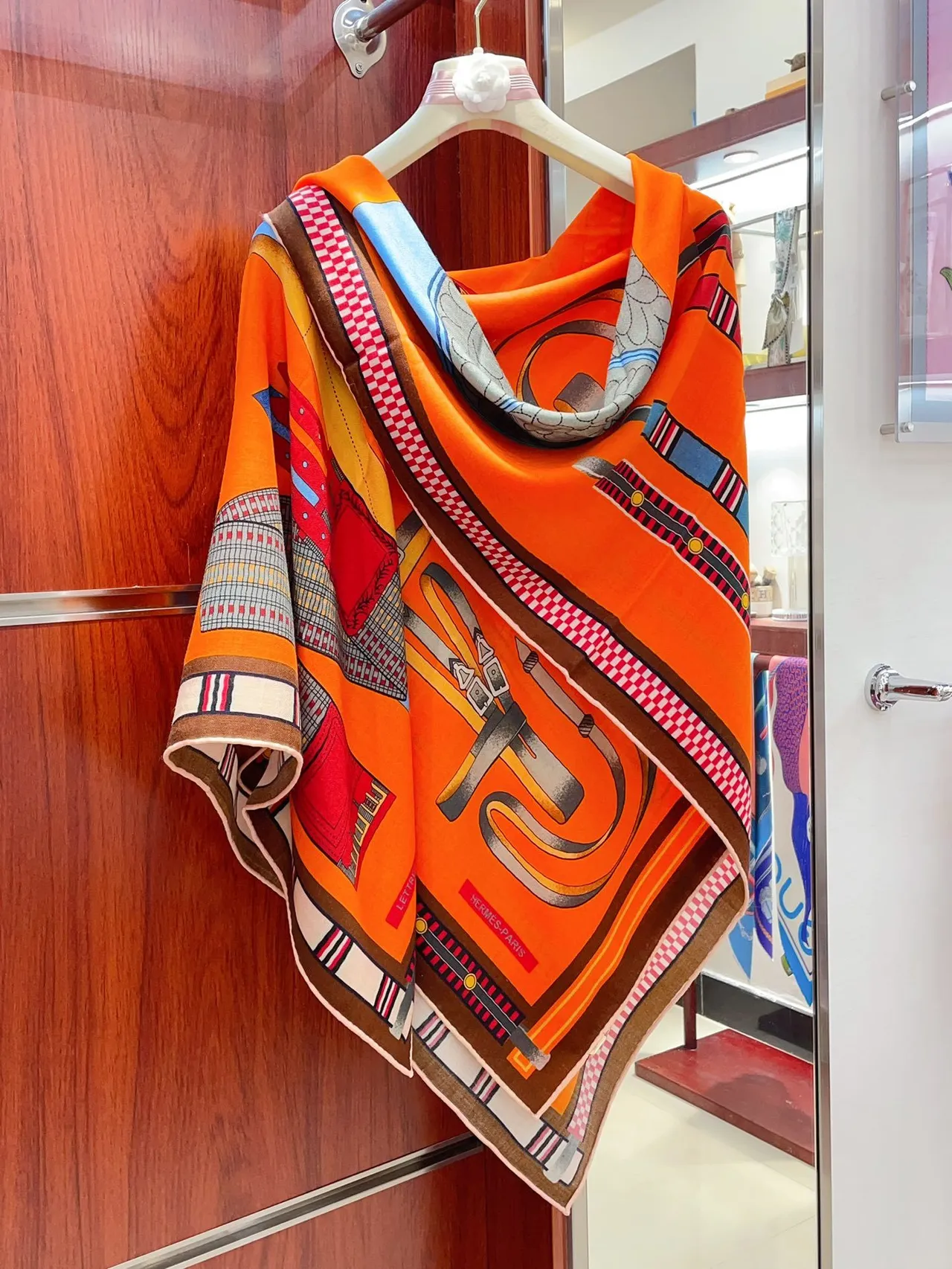 Hermès Printed Equestrian Motif Orange Silk Scarf 8