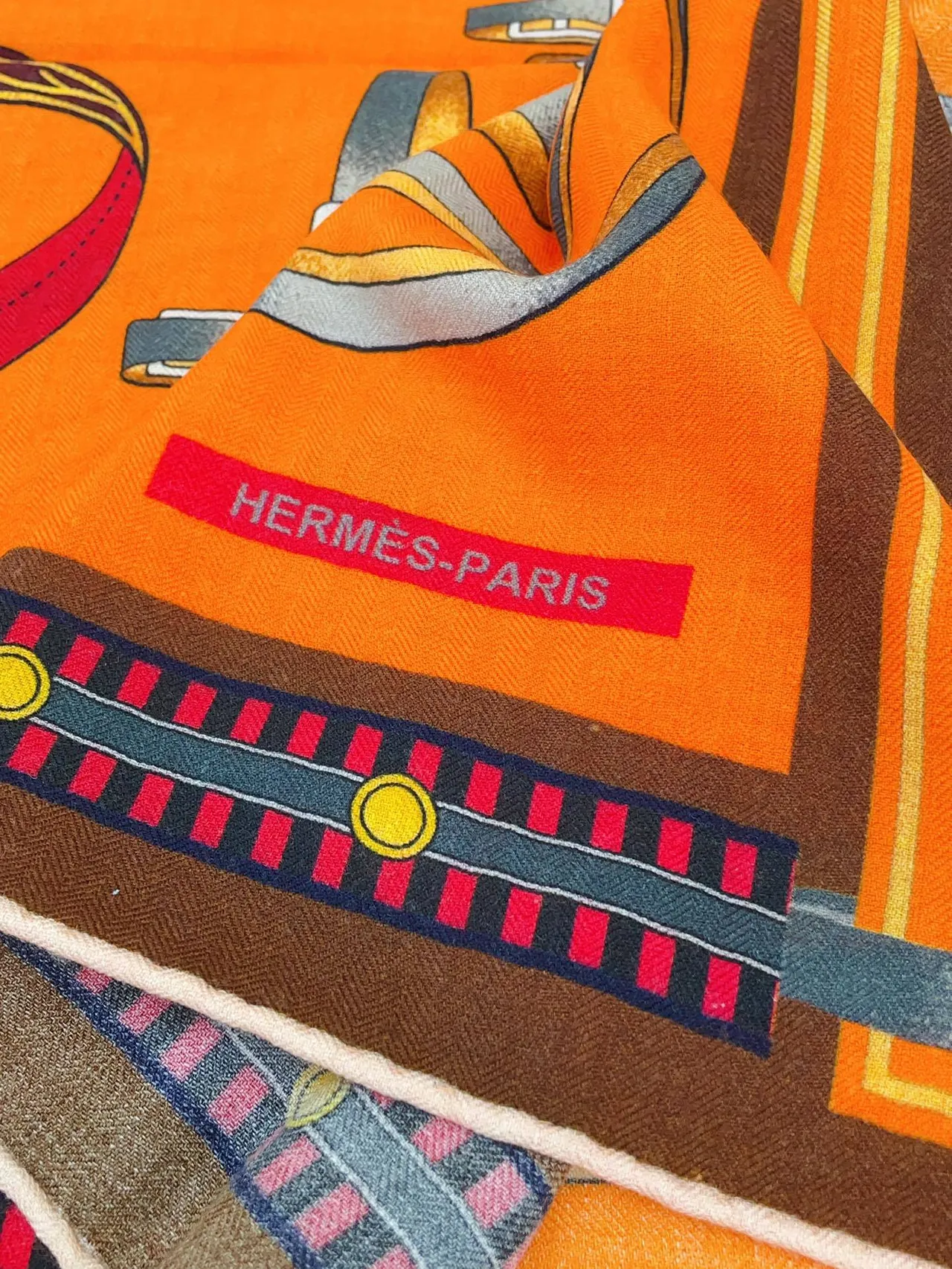 Hermès Printed Equestrian Motif Orange Silk Scarf 9