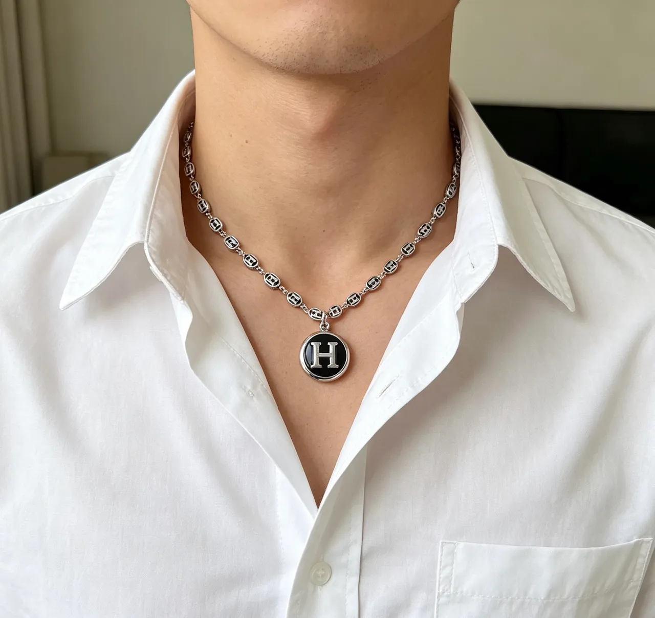 Collar Hermès Plata Negro Metal Esmaltado Motivo H 8