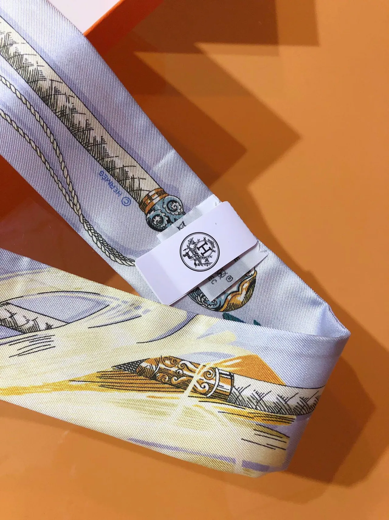 Hermès Twilly Bleu Vert Étroite Imprimée Motif Équestre Soie 8