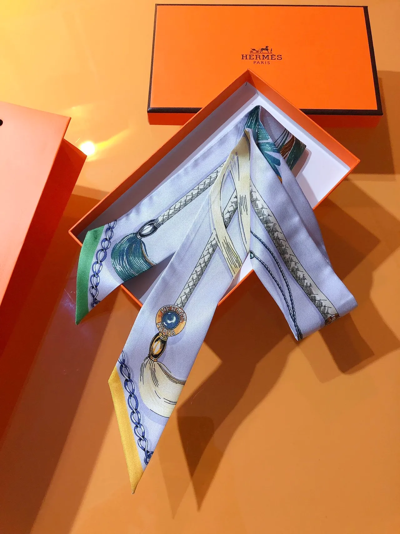 Hermès Twilly Bleu Vert Étroite Imprimée Motif Équestre Soie 3